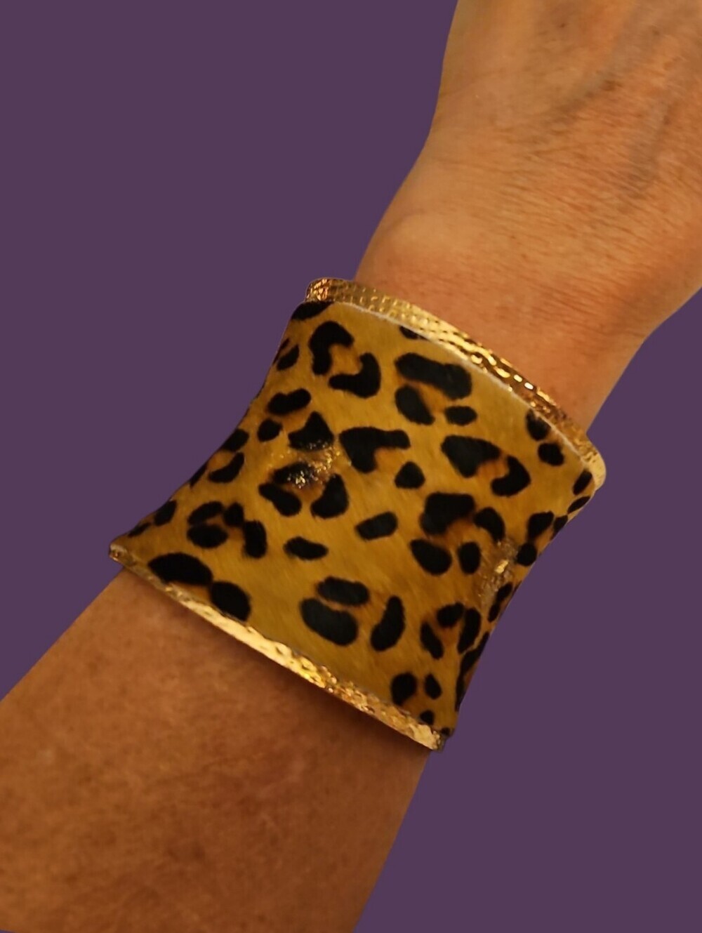Wide Chunky Faux Fur Leopard Print Gold-Trim Concave Statement Cuff Bracelet
